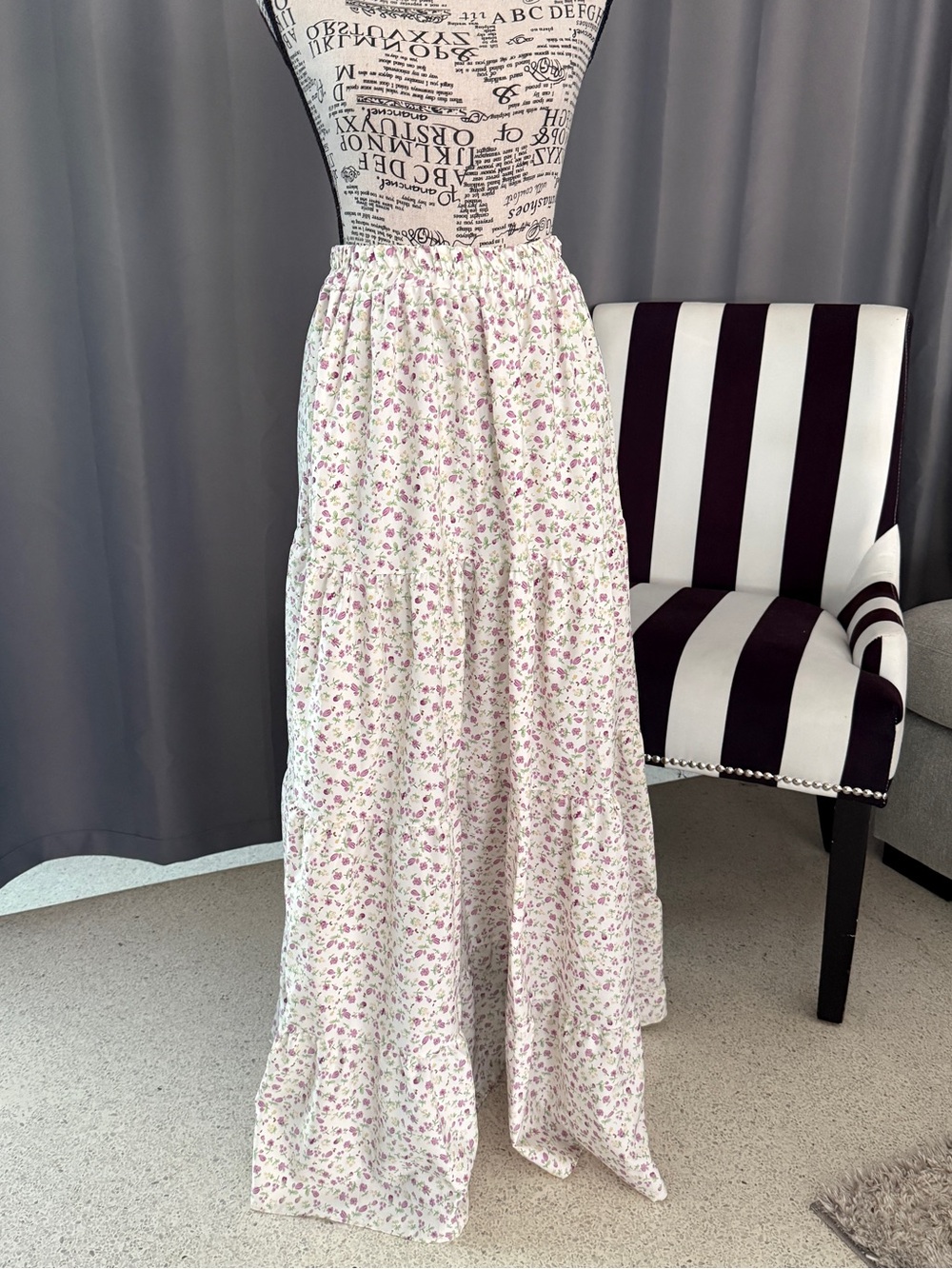 Floral Tiered Maxi Skirt in White with Pink Flowers